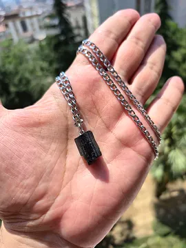 Siyah Turmalin Çelik Zincir Doğal Taş Kolye 