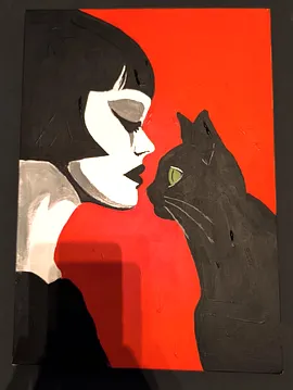 Tablo Kanvas Kedi Ve Kadın Kırmızı