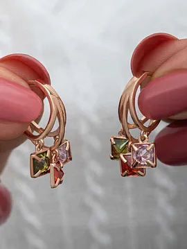 Gümüş Sallantılı Mix Taşlı Halka Kadın Küpe Pembe