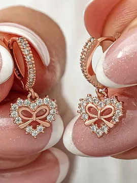 Gümüş Rose Kalp Kurdele Sallantılı Kadın Küpe Pembe