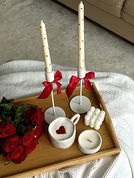 Kalpli Şamdan Mum İkili  Beyaz
