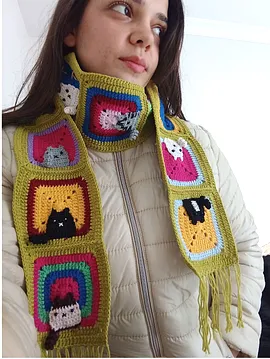 Kedi Motifli Örgü Atkı - Örgü Kedili Atkı Fıstık Yeşili