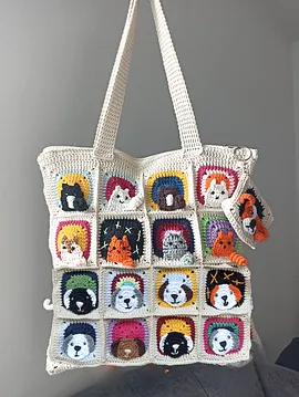 Kedi & Köpek Mix Motifli Örgü Çanta - Mini Cüzdan Hediyeli Krem Rengi