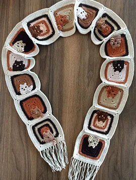 Kedi Motifli Örgü Atkı - Örgü Kedili Atkı Kahverengi