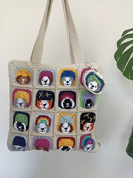 Köpek Motifli Örgü Çanta - Mini Cüzdan Hediyeli Krem Rengi