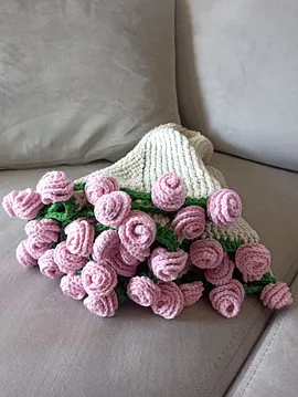 El Yapımı Pembe Gül Buket Battaniye Pastel Pembe