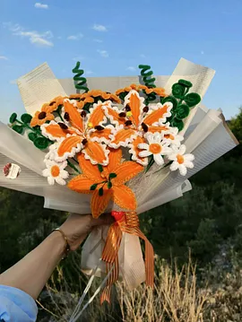 Şönil Zambak Papatya Buketi  Turuncu
