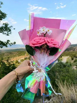 Örgü Pembe Gül Buketi  Pembe