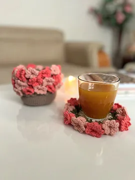 Çiçekli Ve Saksılı Bardak Altlığı Pembe