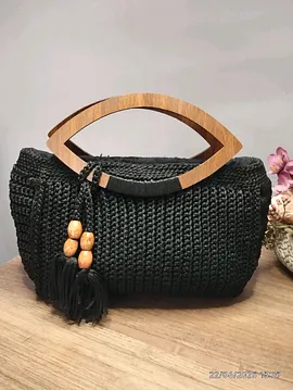 Spor Şık Siyan Renk Ahsap Saplı Çanta.. Yatay Kulp Siyah