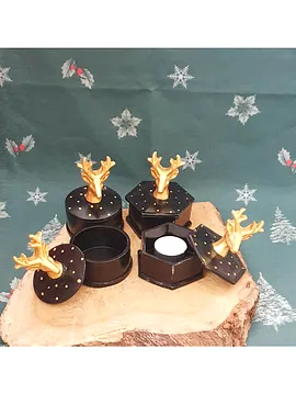 2 Li Geyik Figürlü Yılbaşı Kapaklı Kutu Veya  Mumluk Çok Renkli