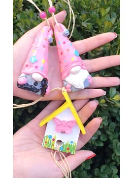 3 Lü  Gnome Cüce Askılı Duvar Dekoru Pembe