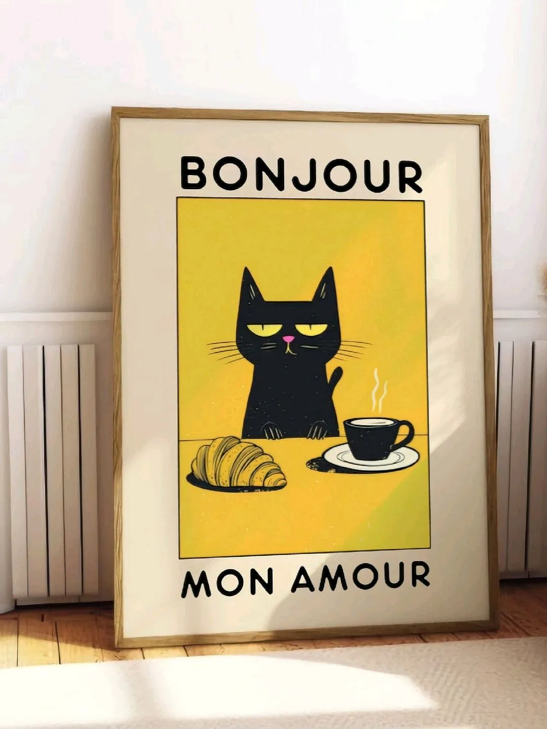 bonjour-siyah-kedi-poster-cercevesiz-cok-renkli