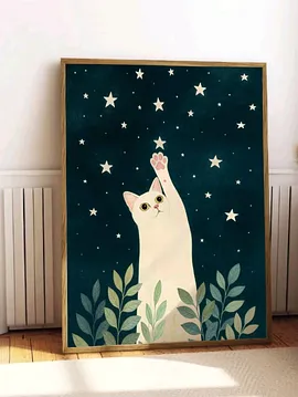 Yıldızlı Kedi Poster Çerçevesiz Çok Renkli