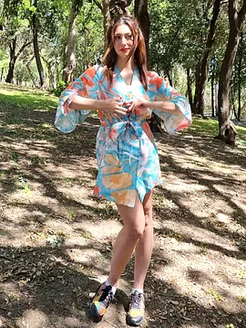 Desenli Turkuaz Şifon Kimono Elbise Turkuaz