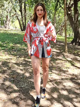 Şal Desenli Kimono Şort Set Kırmızı