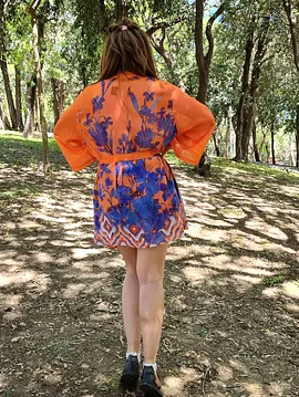 Çiçekli Şifon Kimono Turuncu