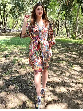 Otantik Desenli Saten Kimono Çok Renkli