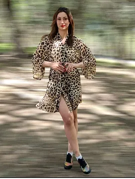 Leopar Desenli Şifon Kimono Bej