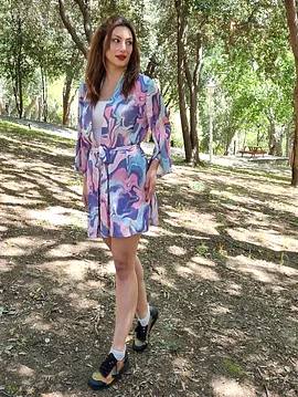 Batik Desenli Saten Kimono Lila