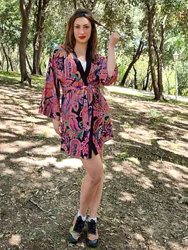 Çiçek Ve Şal Desenli Viskon Kimono