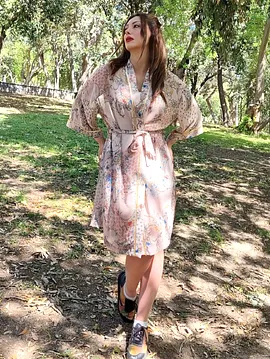 Şal Desenli Şifon Kimono Bej