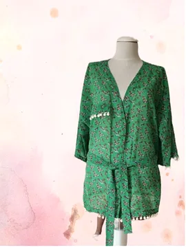 Desenli Yeşil Şifon Kimono