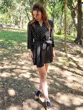 Sim Puantiye Siyah Kimono Elbise Siyah