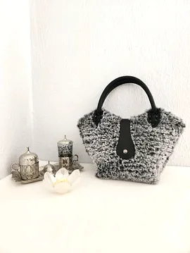 Zara Model, Gri-siyah, Peluş, Kanvas, Kadın El Çantası Siyah