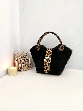 Zara Model, Leopar Desenli, El Yapımı, Kanvas, Kadın El Çantası Siyah
