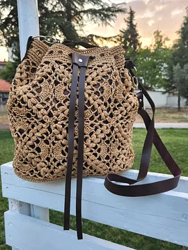 Motifli Büzgülü Hasır Torba Çanta  Kahverengi