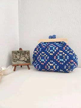 Retro,  Motifli, Ahşap Burslu,  Kadın El Çantası  Saks Mavi