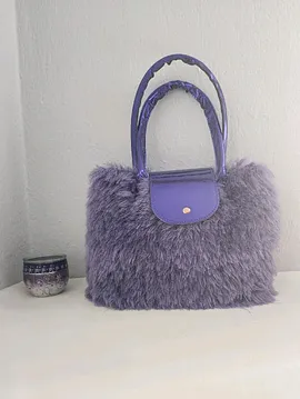 Blue Violet, Menekşe Rengi, Tavşan Tüyü, Kadın Omuz Çantası Lila