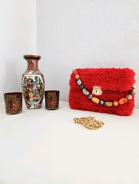 Kırmızı , Peluş, Kanvas,el Yapımı , Kadın El-kol  Çantası Kırmızı