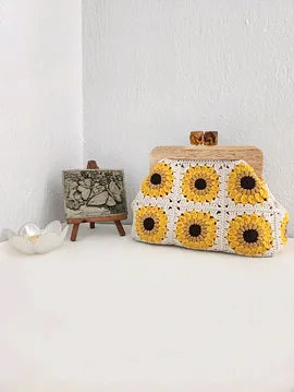 Ayçiçeği Motifli, Ahşap Burslu, Kadın El Çantası  Çok Renkli