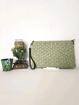 Shell Stitch Model,  Suni Deri Astarlı, Kağıt İp, Clutch  Çanta  Yeşil