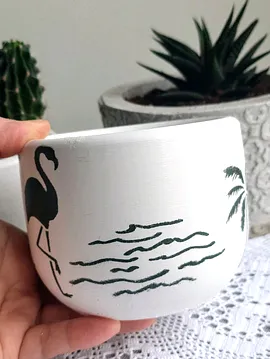 Flamingo Desenli Saksı  Beyaz