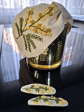 Mimoza Çiçeği El Nakışı İşlemeli Taç Ve Çıt Çıt Toka