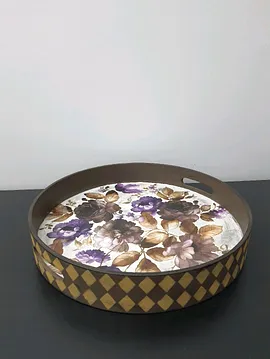 Ahşap Yuvarlak Tepsi - Mor Çiçek Desenli Mor