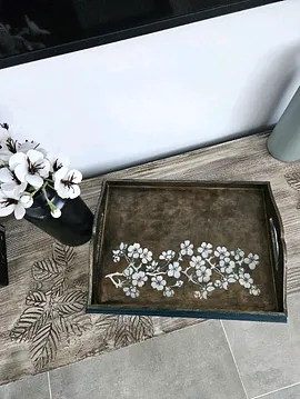 Vintage Blossom El Yapımı Ahşap Tepsi Koyu Kahverengi