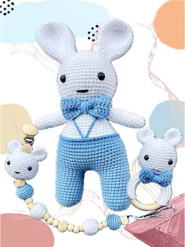 Amigurumi Pofuduk Tavşan Uyku Arkadaşı 3'lü Set Mavi