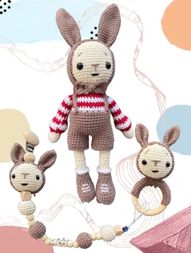 Amigurumi Gezgin Tavşan Uyku Arkadaşı 3'lü Set Kahverengi