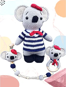 Amigurumi Denizci Koala Uyku Arkadaşı 3'lü Set Mavi