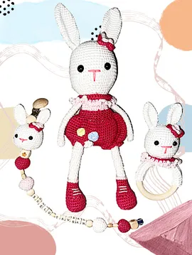 Amigurumi Uzun Kulak Süslü Tavşan Uyku Arkadaşı 3'lü Set Kırmızı
