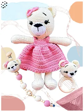 Amigurumi Şık Ayıcık Uyku Arkadaşı 3'lü Set Pembe