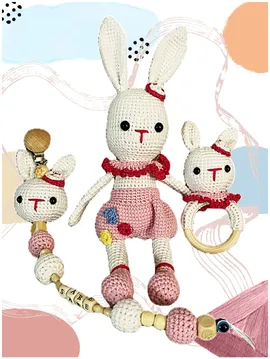 Amigurumi Uzun Kulak Süslü Tavşan Uyku Arkadaşı 3'lü Set Pembe