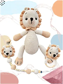 Amigurumi Aslan Uyku Arkadaşı 3'lü Set Bej
