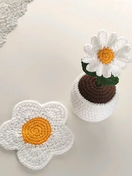 Örgü Saksıda Papatya Bardak Altlığı Beyaz