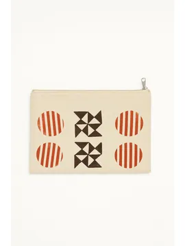 Geometrik Desenli Fermuarlı Keten El Çantası Clutch Bej