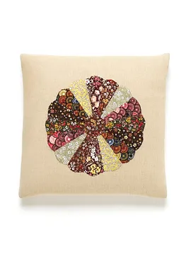 Bej Keten Patchwork Aplike Kırlent Kılıfı 41x41 Fermuarlı Bej